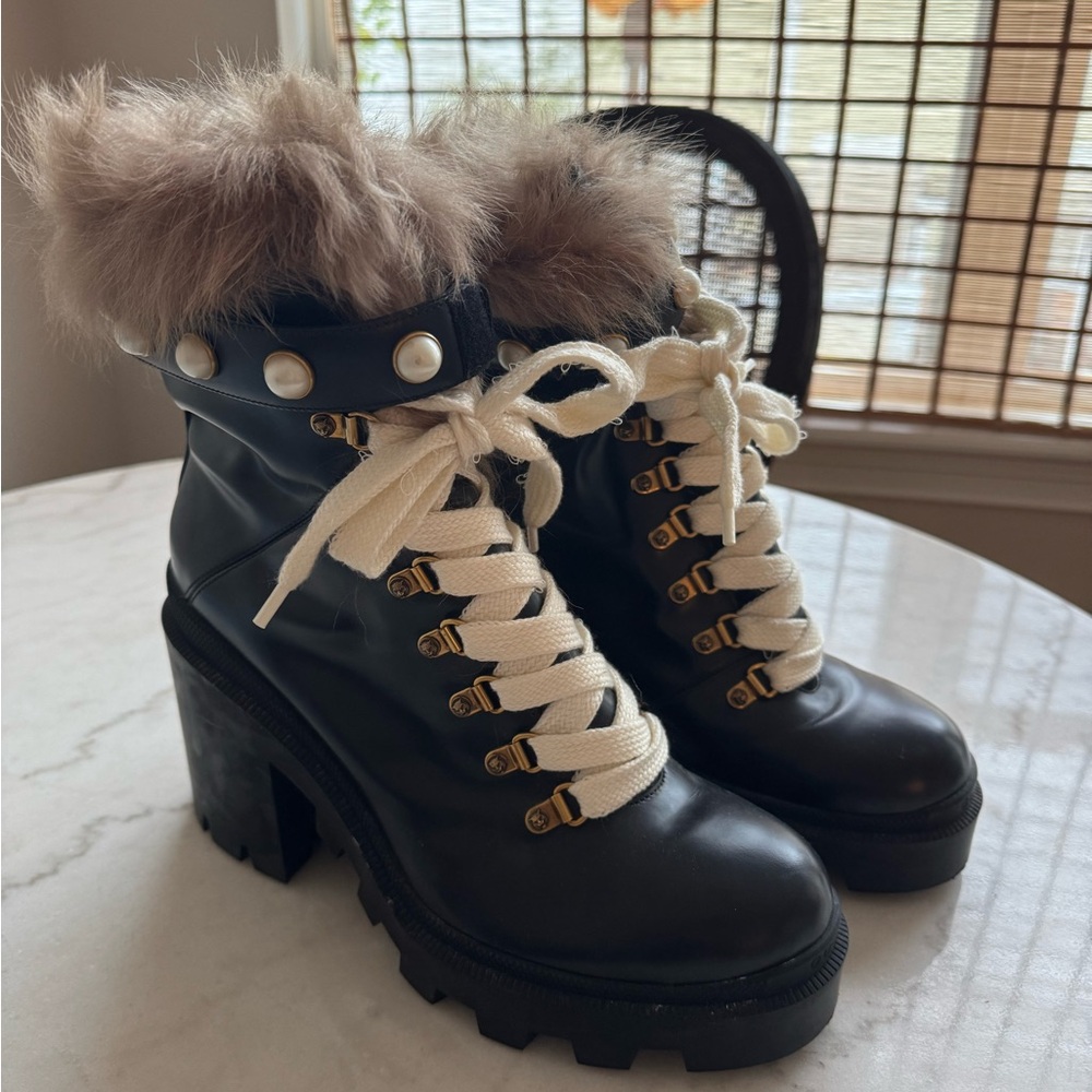 Gucci Black Ankle Boots with Faux Fur and Pearl Accents